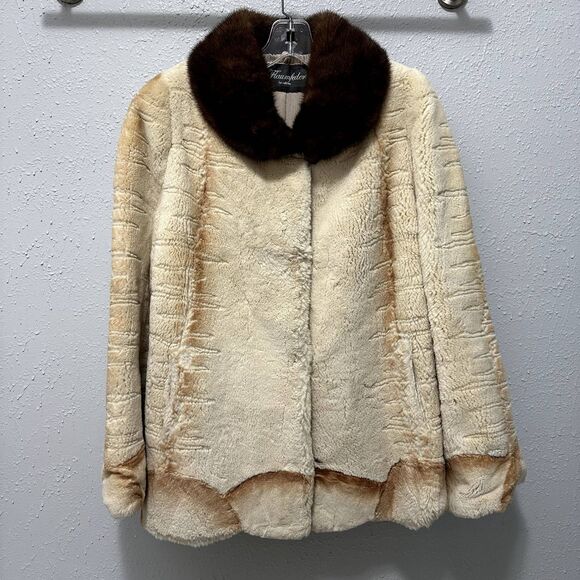Luxury VTG Flaumfeder Rabbit Fur Coat Jacket Sz 42 Mink Collar Mob Wife 50s 60s - Picture 1 of 12
